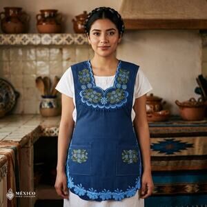 Blue Mexican Embroidered Smock Apron – Floral Traditional Design